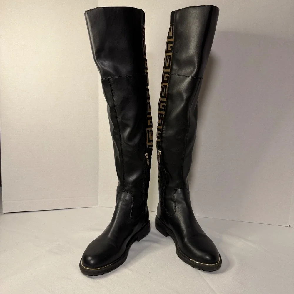 Guess Over The Knee Boots Womens Black Tan Monogram Knit Pull on/Zip